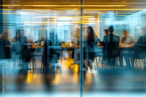 Blurred view of a business meeting through glass.  Busy corporate interior, people in suits seated around a conference table.  Soft light and reflections on the glass