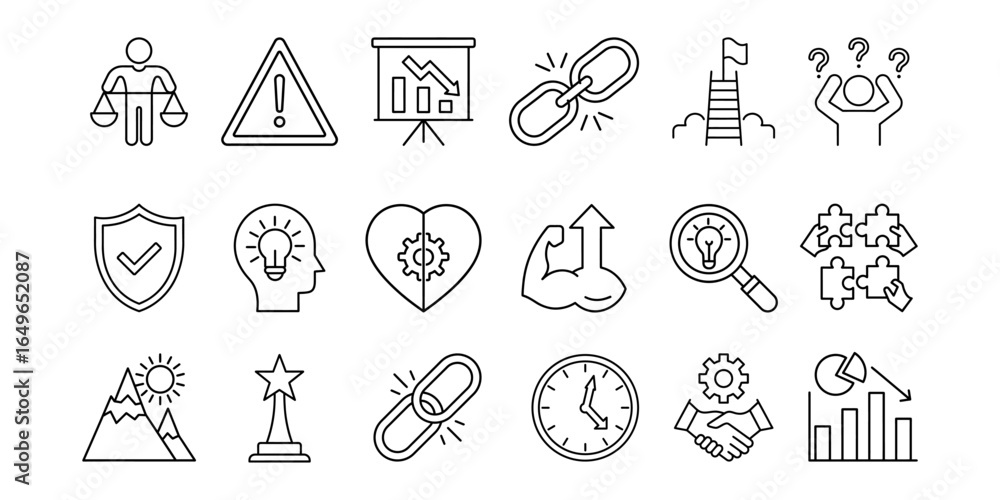 Fototapeta premium Сlean outline icon set with warning signs, declining charts, broken links (problems), target achievement, creative thinking, innovation in heart (passion projects), strength, lightbulb ideas, awards.