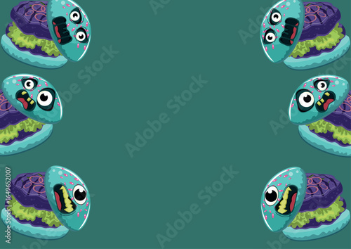 Halloween food poster, namely burgers with onion rings stylized as scary monsters, for Halloween posters, patterns or other holiday designs