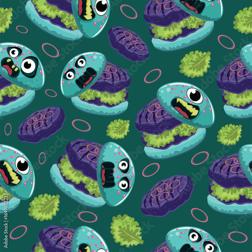 seamless pattern with Halloween food, namely burgers with onion rings stylized as scary monsters, for Halloween posters, patterns or other holiday designs