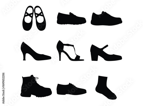 WebVector art of collection of various shoe styles isolated on white background, including ballet slippers, loafers, pumps, sandals, boots, and socks, representing different occasions and fashion