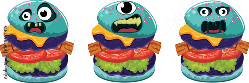 set with Halloween food, namely burgers with cheddar cheese, bacon and herbs stylized as Halloween monsters with various scary faces, for Halloween posters, patterns or other holiday designs