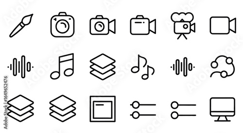 WebVector art of collection of black and white icons representing creative tools and media, including a paintbrush, camera, video camera, audio waves, music notes, layers, and a monitor isolated on wh