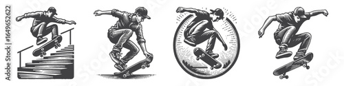 Vintage Hand-Drawn Skateboarder Illustration, Urban Sport Engraved Vector for Skateboarding and T-Shirt Design