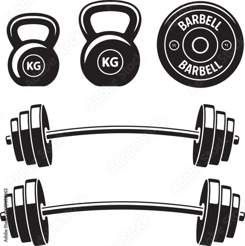 Collection of black and white fitness equipment icons and illustrations barbell dumbbell