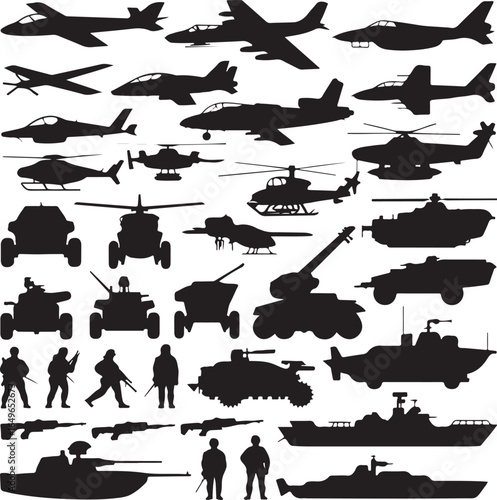 Diverse Collection of Military Vehicle and Soldier Silhouettes airplane