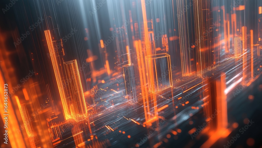 Fototapeta premium Abstract digital city, glowing orange lines