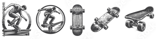Vintage Hand-Drawn Skateboard Illustration, Urban Sport Engraved Vector for Street and T-Shirt Design