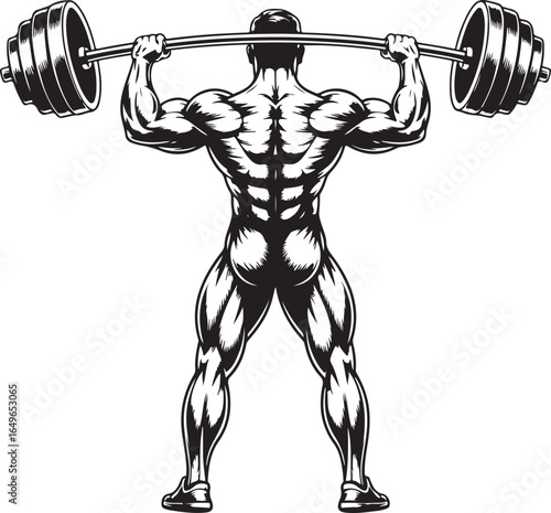 Bodybuilder lifting barbell overhead in black and white illustration style weightlifting exercise
