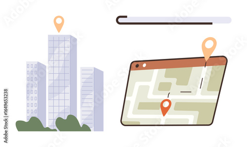 High-rise buildings with location pin above cityscape and nearby tablet displaying a digital map. Ideal for navigation, travel, urban planning, real estate, marketing, logistics, technology, simple
