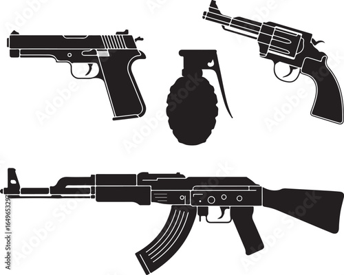 Assortment of Handgun, Grenade, and Assault Rifle Silhouettes pistol revolver