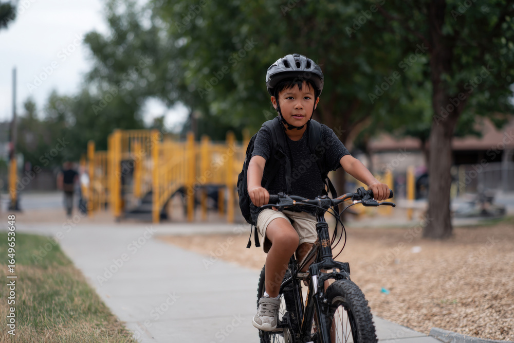 Fototapeta premium Young boy riding bicycle wearing helmet and backpack near playground