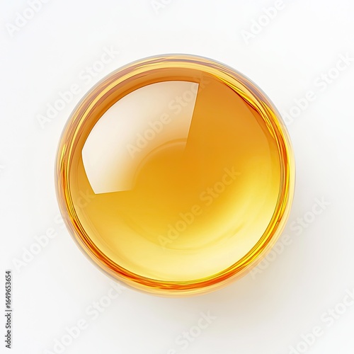 Top-down view of a glossy, amber-colored, round bowl.  Smooth, reflective surface