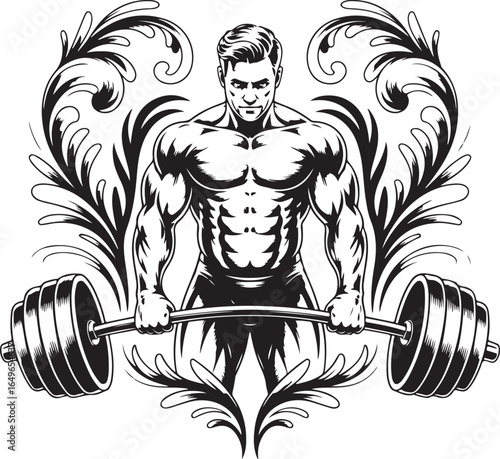 Muscular man with barbell and decorative floral elements on white background Keywords: athletic