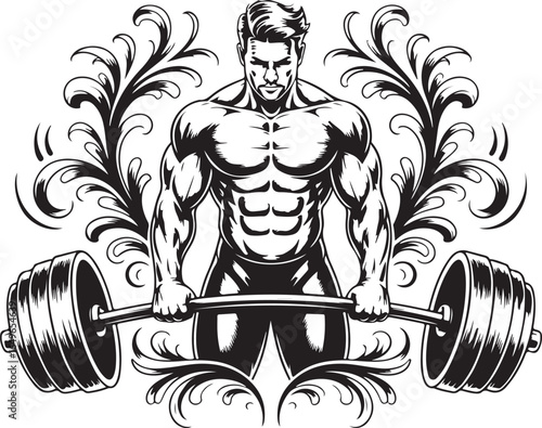 Muscular man with barbell and decorative floral elements on white background Keywords: athletic