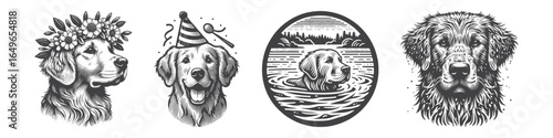 Vintage Hand-Drawn Golden Retriever Birthday Illustration, Pet Engraved Vector for Celebration and T-Shirt Design