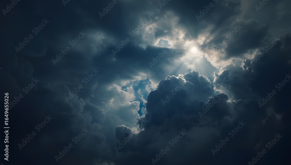 Obraz premium Dramatic sunlight breaking through dark storm clouds