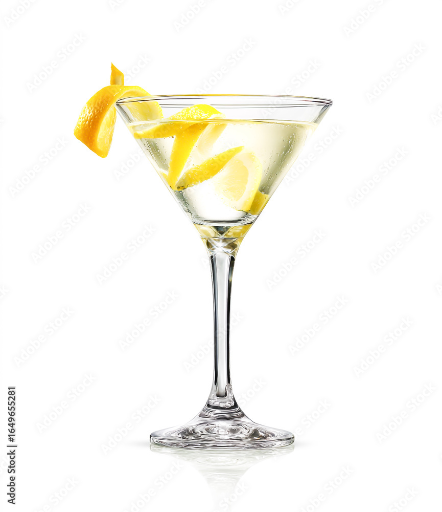 Viano cocktail in a martini glass, white background, no shadow, product photography, no text on the photo, with a lemon twist garnish