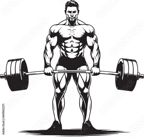 Muscular man in shorts holding a barbell with weights on white background Keywords: athletic