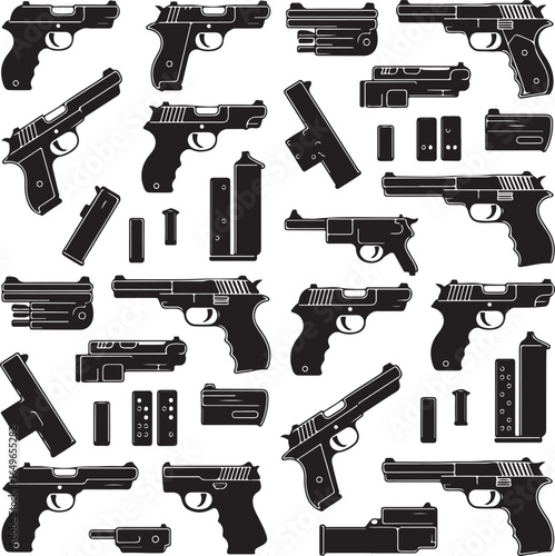 Detailed silhouettes of various handguns and ammunition magazines pistol firearm