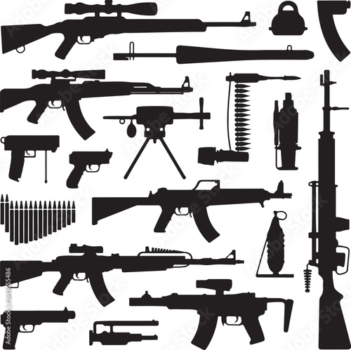 Assortment of firearm silhouettes including rifles, pistols, and ammunition shotgun handgun