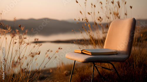 Lounge chair with a soft linen cushion with an open bible book resting on the seat with tall grasses at a calm lakeshore during golden hour