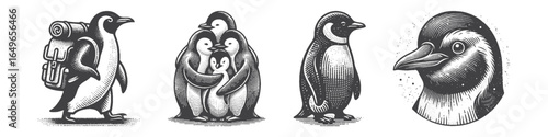 Vintage Hand-Drawn Penguin Hug Family Illustration, Heartwarming Wildlife Engraved Vector for Animals and T-Shirt Design