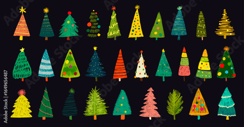Crayon drawn christmas trees set. Abstract child xmas decoration with grunge texture vector design