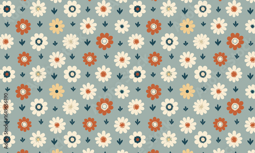 Seamless Mid-Century Floral Pattern with Daisies on a Teal Background