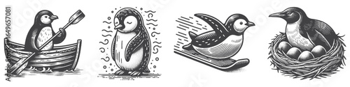 Vintage Hand-Drawn Penguin With Boat Illustration, Adventure Wildlife Engraved Vector for Animals and T-Shirt Design