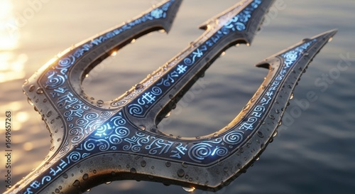Detailed close up of the ornate trident against a watery backdrop