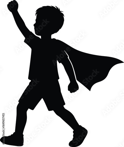 Silhouette of a young boy confidently walking with one arm raised, wearing a fluttering superhero cape, conveying courage and empowerment. Concept of childhood imagination, bravery and heroism.
