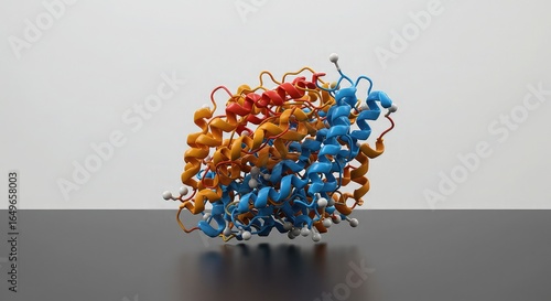 Detailed molecular structure illustration revealing complex protein folding for scientific research or educational purposes, vibrant colors, medical visualizations