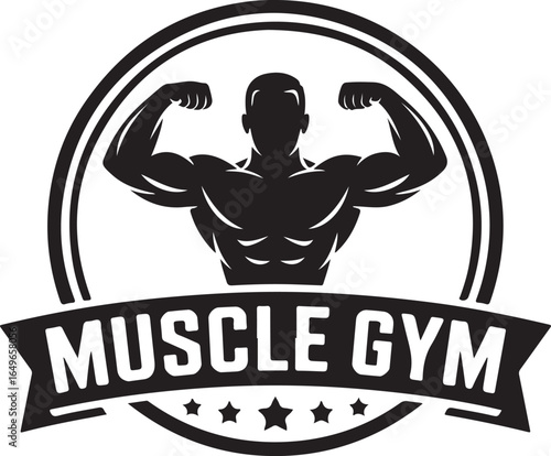 Silhouette of a muscular man flexing arms within a circular emblem and banner Keywords: fitness, gym