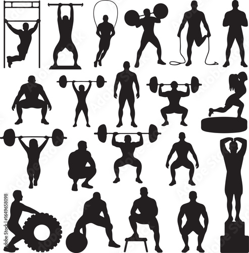 Diverse fitness silhouettes of men and women performing various exercises Keywords: fitness