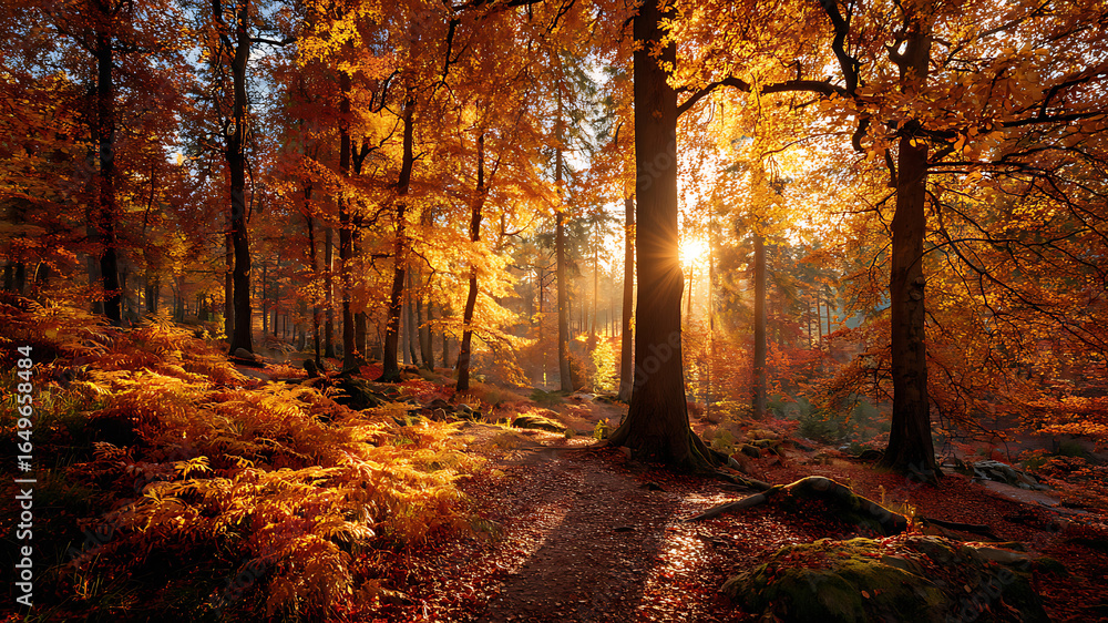 Fototapeta premium Golden Sunlight Streaming Through a Vibrant Autumn Forest with a Winding Path