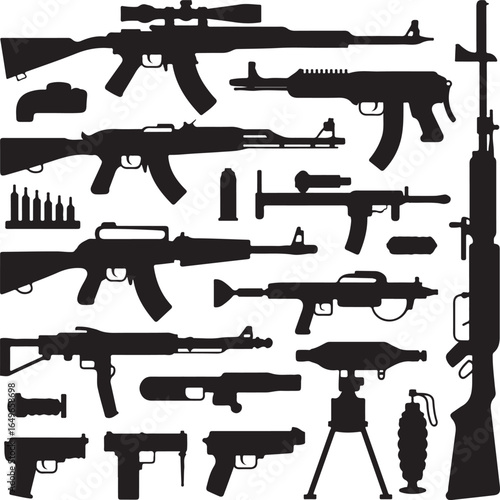Assortment of Black Firearm Silhouettes and Ammunition on White rifle pistol