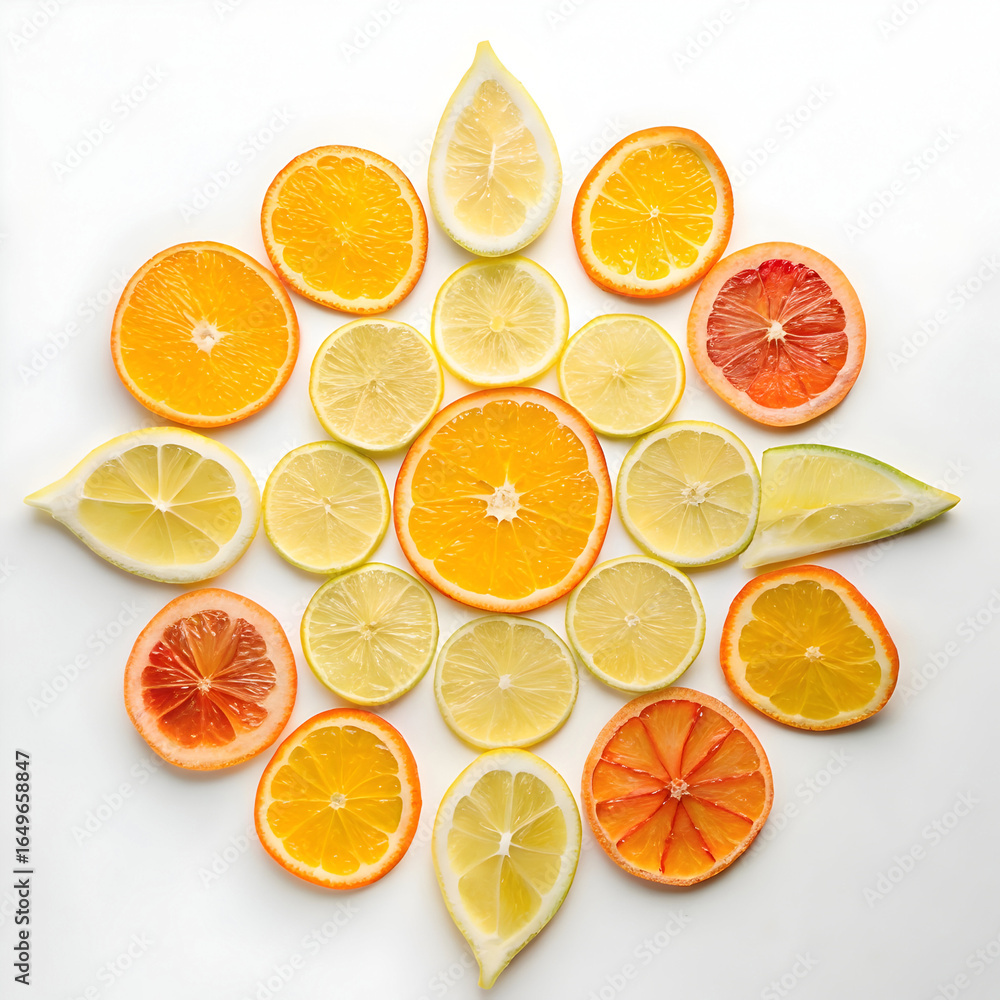 Obraz premium Slices of Citrus Fruits Forming a Sun Pattern on White Background, 3/5 View
