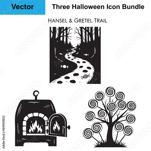 Obraz na plátně Hansel Gretel Trail Witch Oven Lollipop Tree Silhouette Halloween Vector Bundle