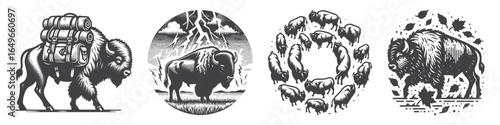 Vintage Hand-Drawn Bison Colony Illustration, Animal Engraved Vector for Wildlife and T-Shirt Design