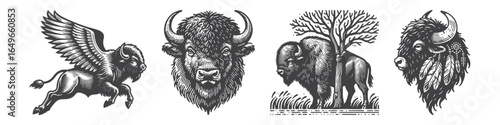 Vintage Hand-Drawn Bison with Wings Illustration, Animal Engraved Vector for Fantasy and T-Shirt Design