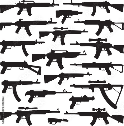 Assortment of rifle and handgun silhouettes on a white background pistol firearm
