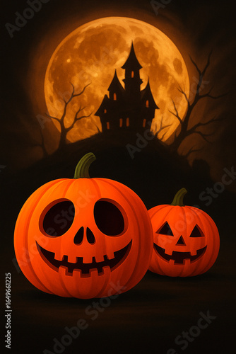 Halloween pumpkins with spooky faces set against moonlit haunted house and dark background