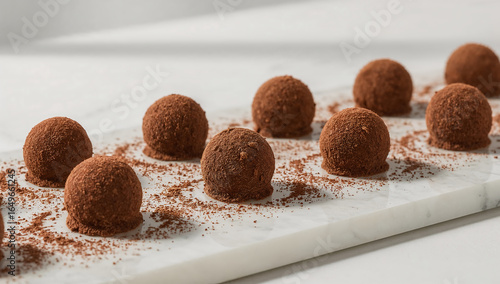 Photo of delicious chocolate truffles dusted with cocoa powder arranged on a white marble surface creating an elegant dessert