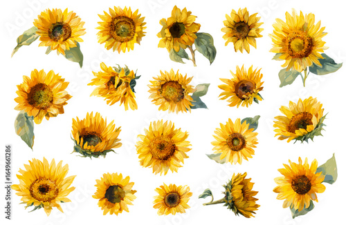 Watercolor sunflower set. Watercolor summer yellow flower, oil plant agriculture vector illustration