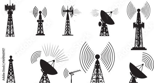 Vector art of collection of various communication towers and satellite dishes, representing telecommunication and wireless technology, isolated on white background