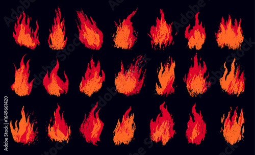 Grunge fire flames set. Crayon hand drawn graphic chalk textured fire vector logo