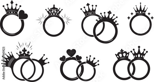 Vector art of collection of wedding and engagement ring icons with crowns and hearts, symbolizing love, marriage, and commitment, isolated on a white background