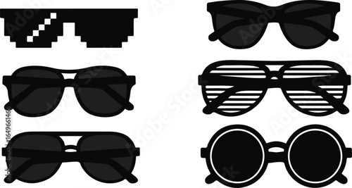 Vector art of collection of six different styles of sunglasses, including aviator, round, square, and pixelated designs, isolated on white background