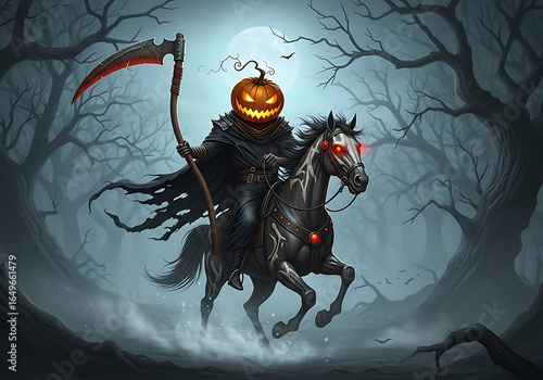 A headless horseman with a pumpkin head riding a horse in a spooky forest at night with a scythe